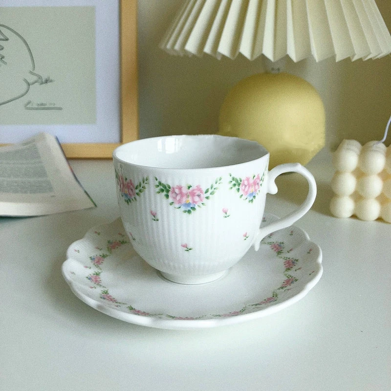 Ceramic Coffee Cup and Saucer Set Handmade Retro Rose Design