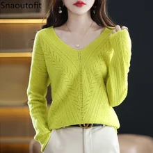 

V-Neck Pullover 100% Pure Wool Sweater Women's 2022 Spring and Autumn New Crocheted Hollow Chic Thin Loose Knitted Sweater Tops