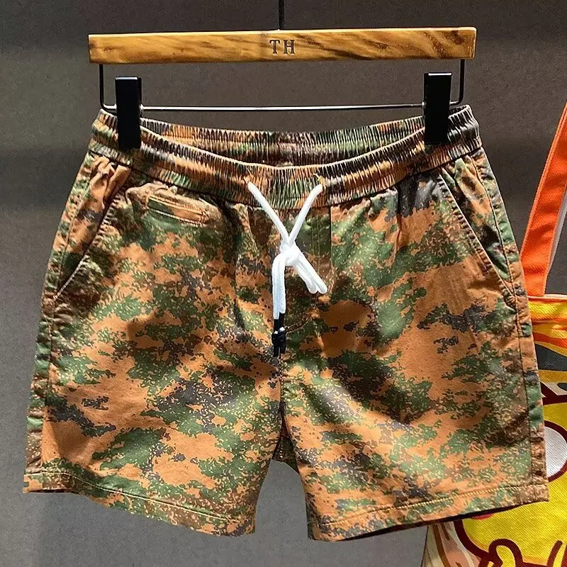 

2024 Summer New Camouflage Casual Shorts Men's Loose Trendy Sports Drawstring Elastic Waist Straight Quick Drying Beach Pants