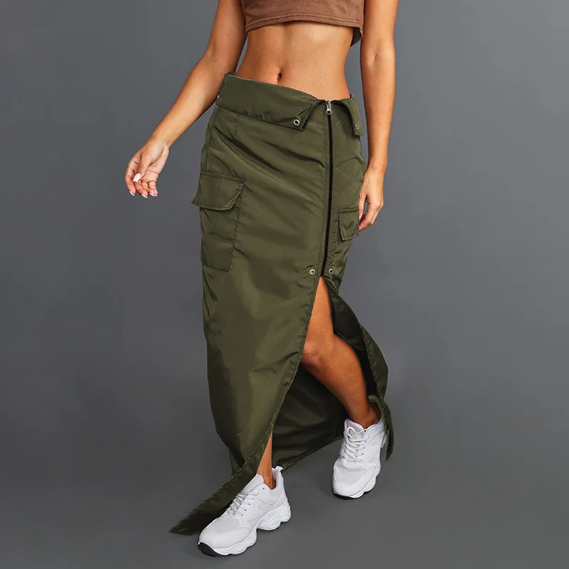 Fashion Women's Spring Summer Solid Color Army Green Casual Woven Side Slit Lapel Zipper Pocket Tooling Cargo Pants Skirt