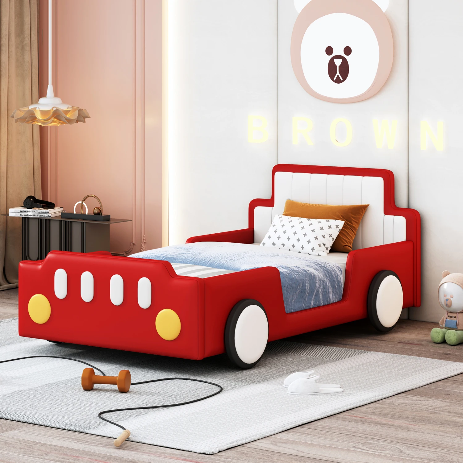 

Red Twin Size Race Car-Shaped Platform Bed with Wheels, Fun and Vibrant Children's Furniture Upgrade, Kids Racing Car Theme Bedr