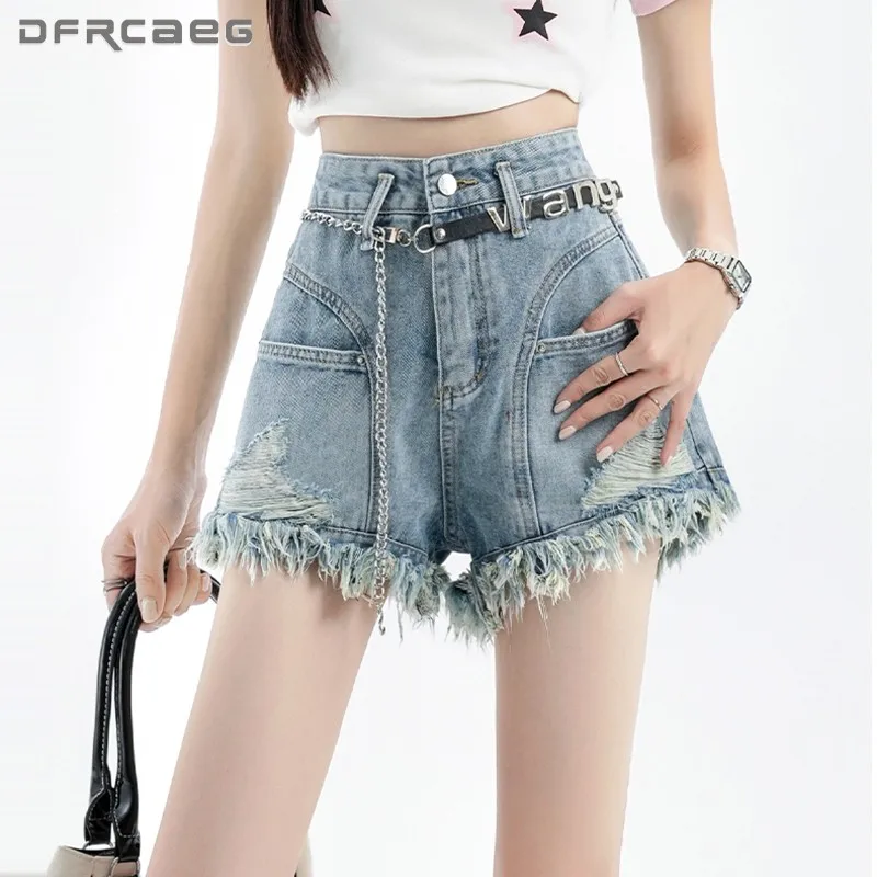 

High Waist Loose Women Summer Jean Short With Tassel 2023 Casual Vintage Ripped Hole Wide Leg Denim Shorts Feminino