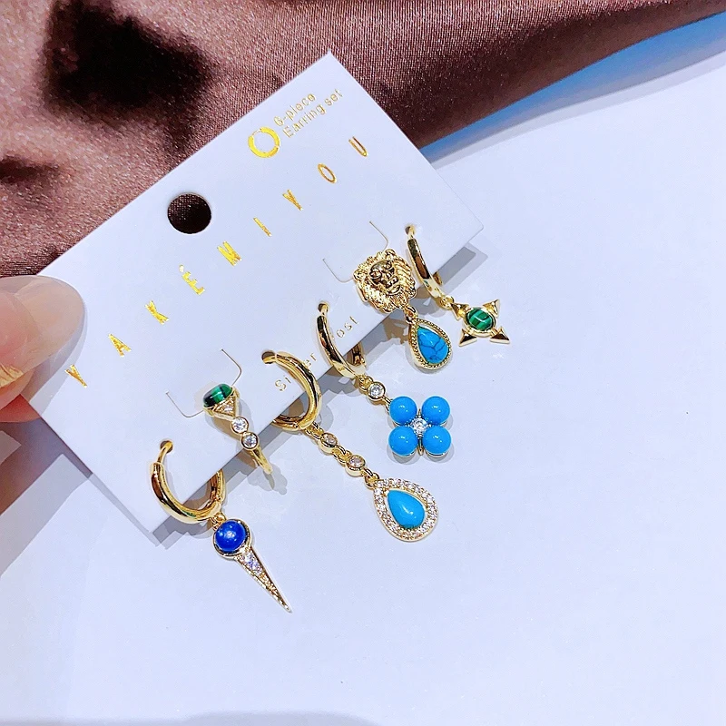 Yakemiyou 6pcs Turquoise Water Drop Star Dangle Earrings Set with Ear Cuff Gold Color Women Jewelry 3