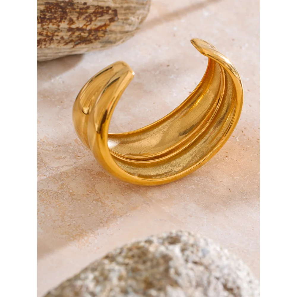 Yhpup 18K Golden PVD Plated Stainless Steel Double Layer Cuff Statement Bracelet