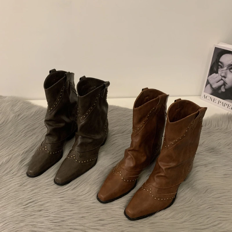 

2023 Autumn Winter Fashion Cowboy Boots for Women Slip on Long Boots Female Square High Heel Trend Footwear Women Shoes