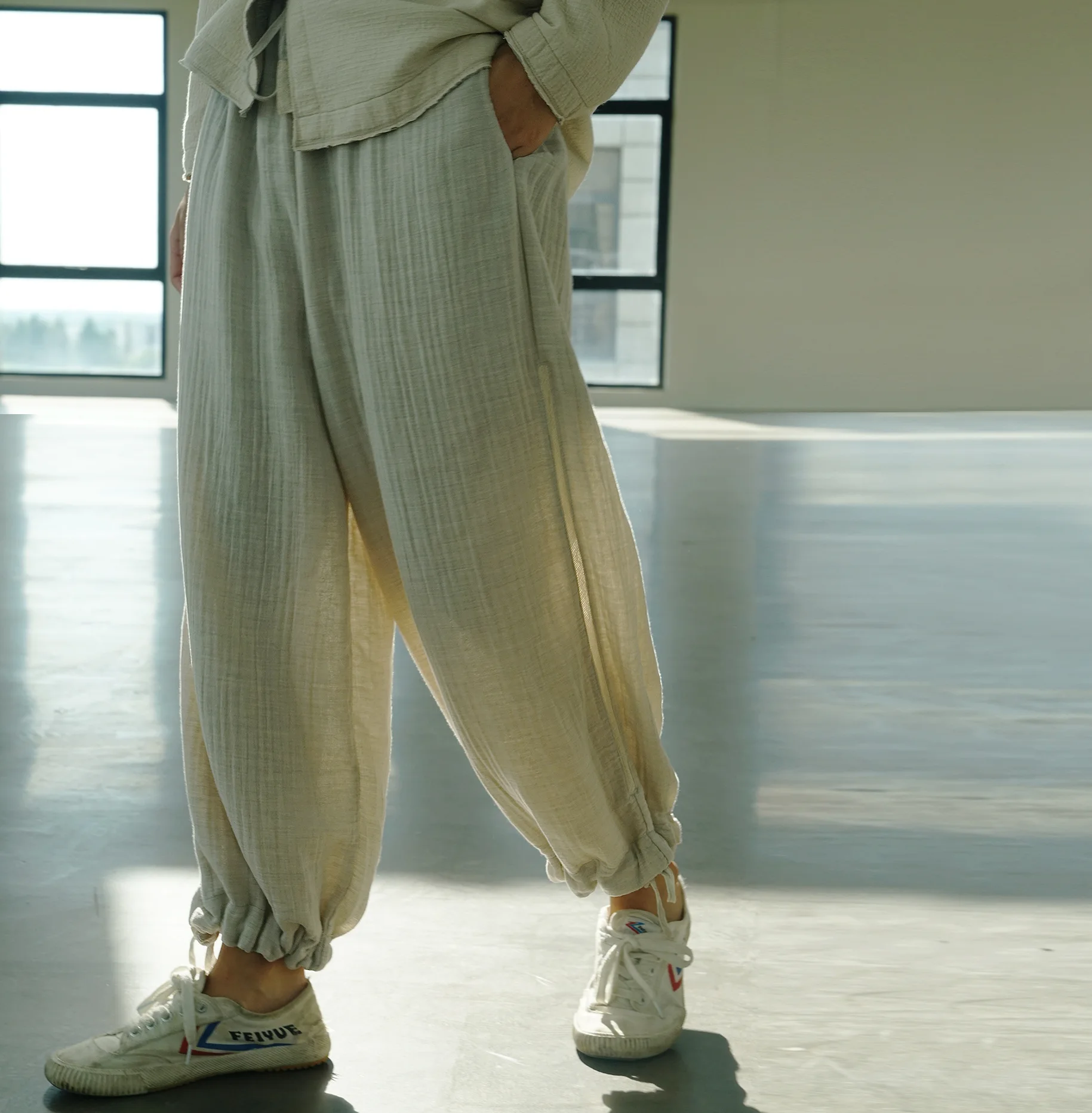 

Double Cotton Female Pantalons Autumn Korean Style Pants for Women 2022 Stacked Loose Linen Elastic High Waist Wide Leg Trousers