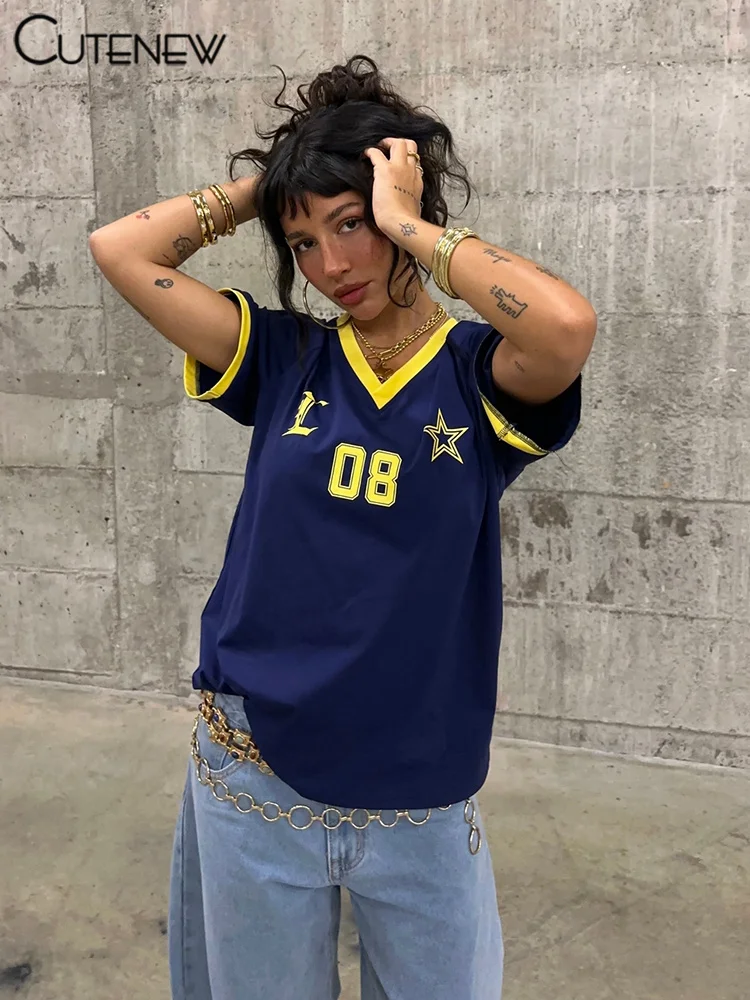 

Cutenew Panelled Print Striped T-shirts Women Summer Casual Sporty V-neck Oversized Tees Girls All-matched Classic Casual Wear