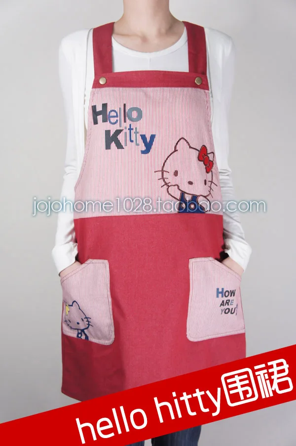 

Blue Hello Kitty Embroidered Denim Kitchen Apron Woman Cotton Cooking Avental de Cozinha Divertido Pinafore Apron