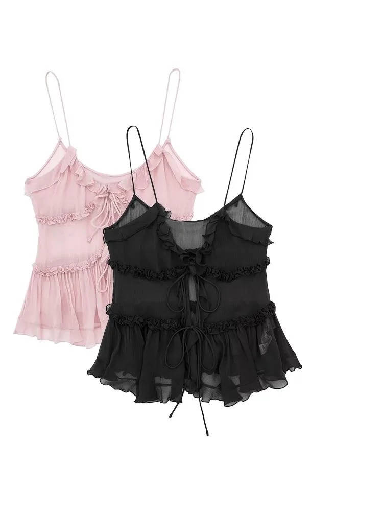 

2023 Woman Summer Fashion Ruffles Traf Blouses Sexy Solid Color V Neck Spaghetti Strap Sleeveless Y2K Tops For Women Mujer Thin