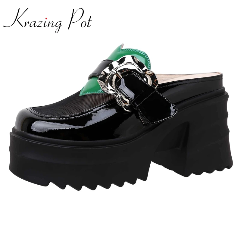 

Krazing Pot Air Mesh Square Toe Super High Heel Platform Mules Mixed Color Metal Decoration Fashion Women Outside Slippers L05