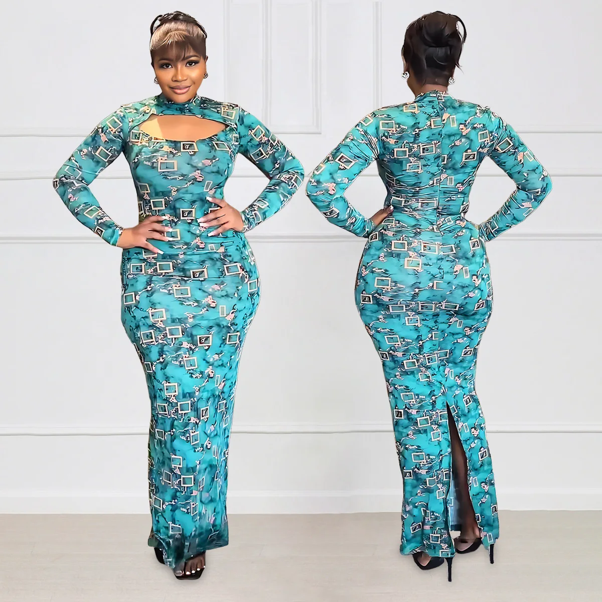 

2023 African Print Dresses for Women Summer Elegant African Long Sleeve O-neck Polyester Long Dress Maxi Dress African Dresses