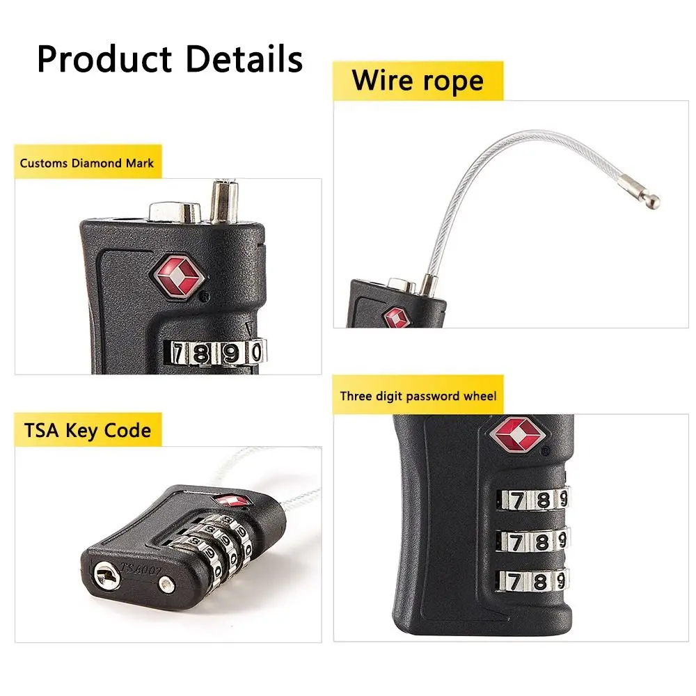 Durable 3 Digit Combination Lock TSA Anti-theft Customs Password Lock Security Tool Wire Rope Suitcase Luggage Coded Lock