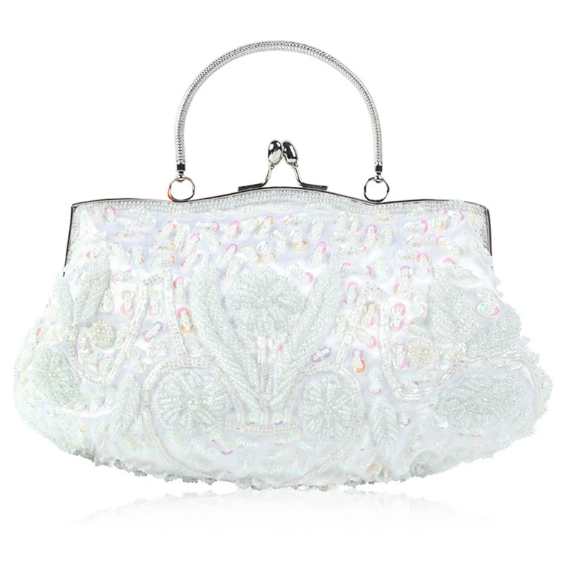 Women Vintage Beaded equin Flower Evening Large Clutch Bag with Handle Wedding Cocktail Party Handbag mall Tote