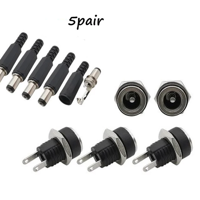 5 Pair DC 12V Male Female Socket Panel Mount Barrels Jack Plug Power Connector Female Jack Screw Nut Panel Mount Connector 2