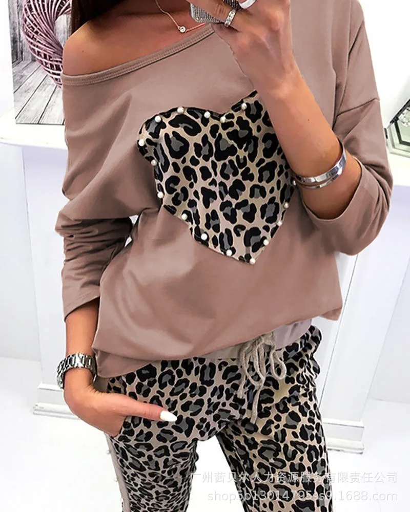 

2023 New Women Beading Leopard Heart Long Sleeve Top & High Waist Slim Pencil Pants Clothing Suit 2pcs Clothes Set