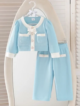 Baby girl autumn elegant style two-piece set, light blue small fragrance butterfly bow top, same color pants 1