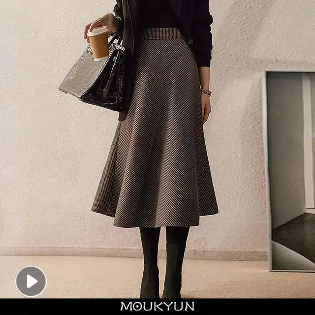 Винтажная Клетчатая Шерстяная Юбка MOUKYUN, женская зимняя теплая трапециевидная юбка средней длины с высокой талией для офиса, элегантные юбки 1