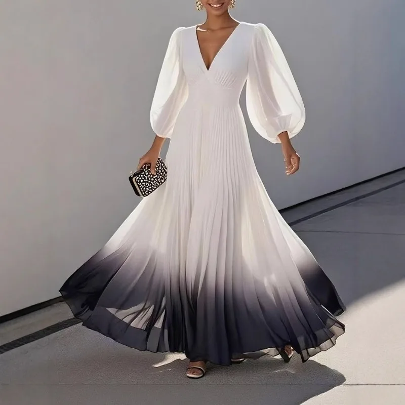 Elegant Women Corset Guest Party Vacation Long Dress Chic Lantern Long Sleeve V Neck Folds Evening Birthday Maxi Dress Gradient