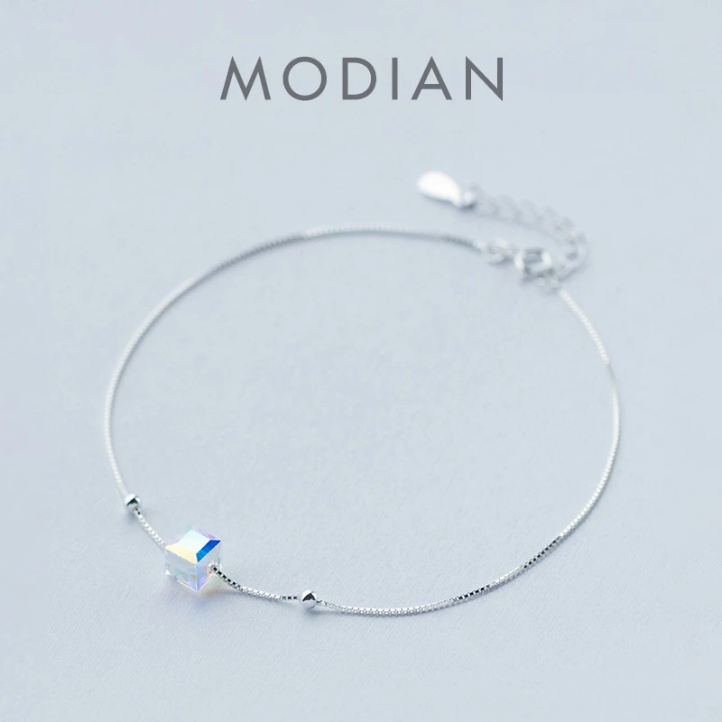 Modian 3D Square Fashion Silver Bracelet for Leg 925 Sterling Silver Anklets for Women Natural Crystal Stone Fashion Jewelry