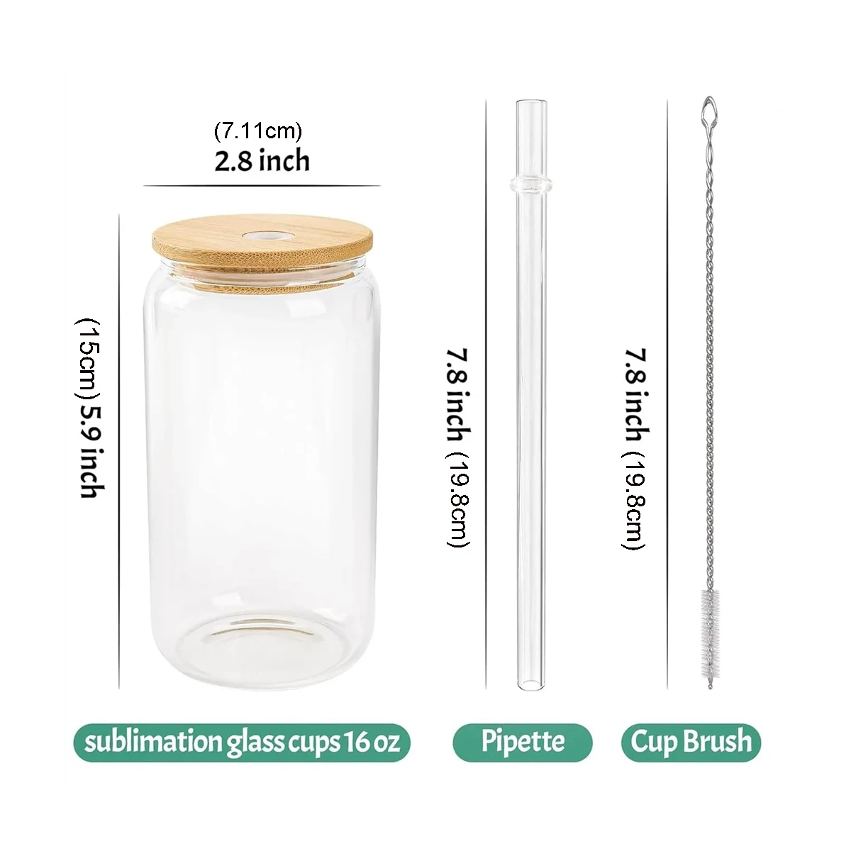 أكواب زجاجية شفافة بغطاء من الخيزران ، شكل برطمان ماسون للقهوة المثلجة والعصير والصودا وغيرها ، فراغات التسامي ، 16 أونصة ، 20 أونصة