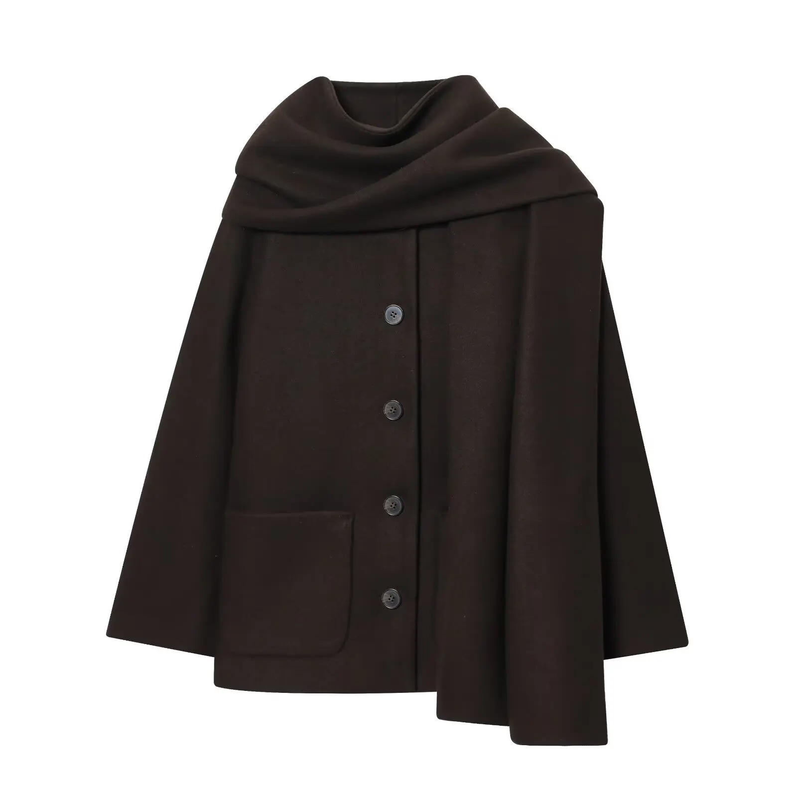 Short A-Line Wool Blend Coat with Draped Collar - Fashion Look