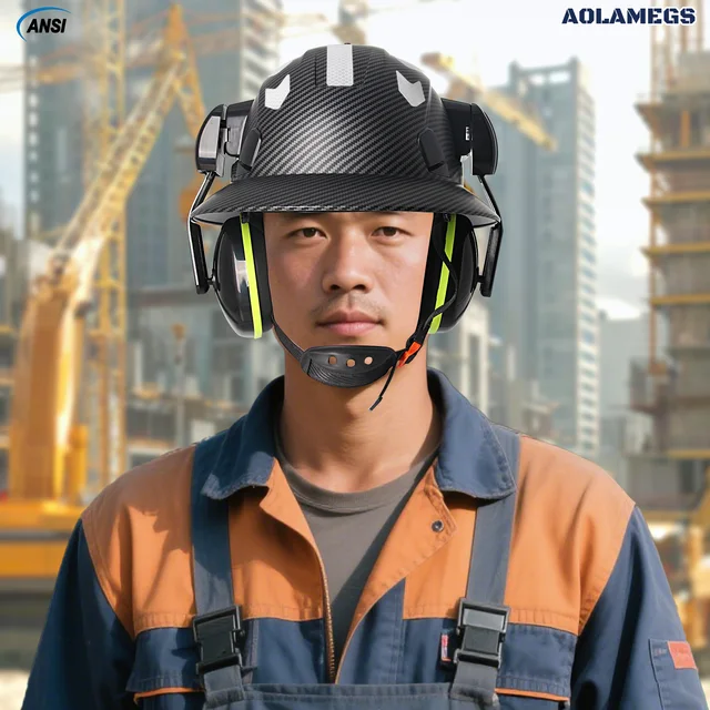 Carbon Fibre Full Brim Safety Cap with Earmuffs