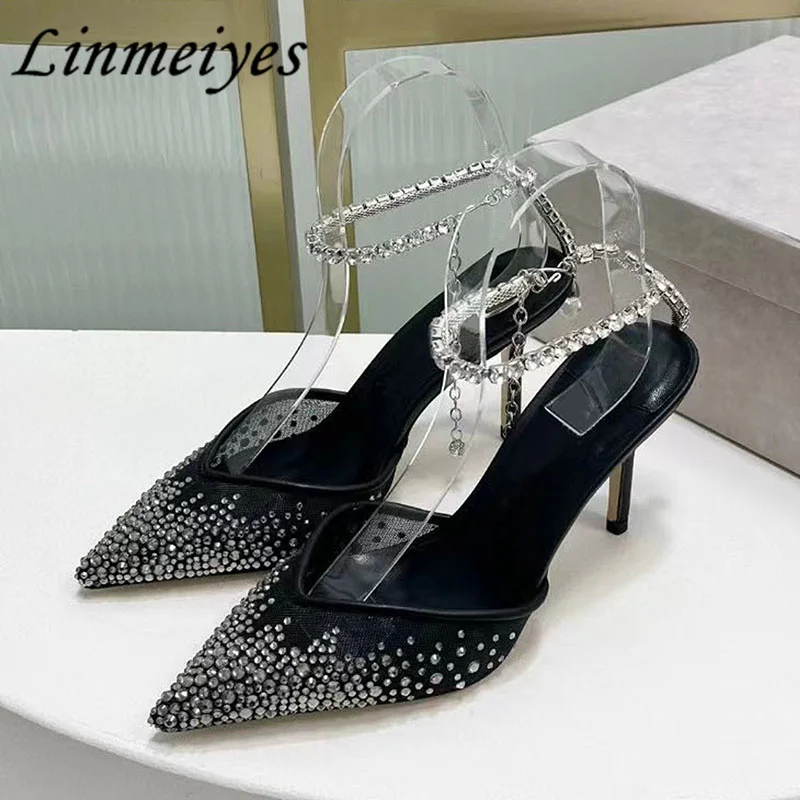 

Sexy Crystal High Heels Shoes Women Pointed Toe Shallow Rhinestone Party Prom Shoes Summer Stiletto Gladiator Sandals Woman