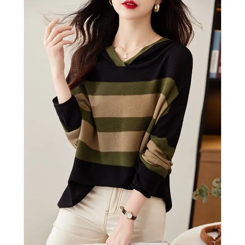 

Women's Autumn Winter New Fashion Elegant Hooded Stripe Contrast Color Casual Versatile Long Sleeve Loose Sweater Knitted Tops
