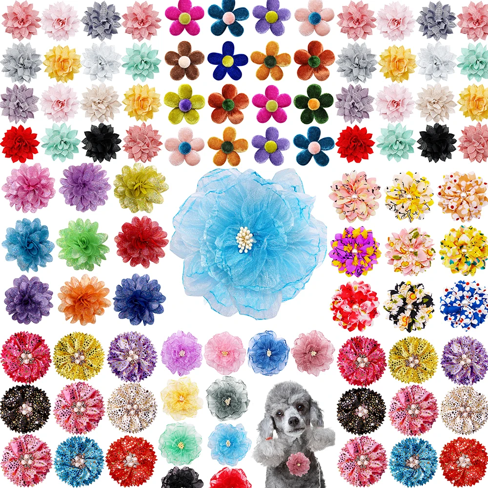 

10PCS/SET Pet Dog Flower-Collar Bowties Diomand Pearl Dog Bowtie Slidable Small Dog Puppy Collar Charms Pet Grooming Accessories