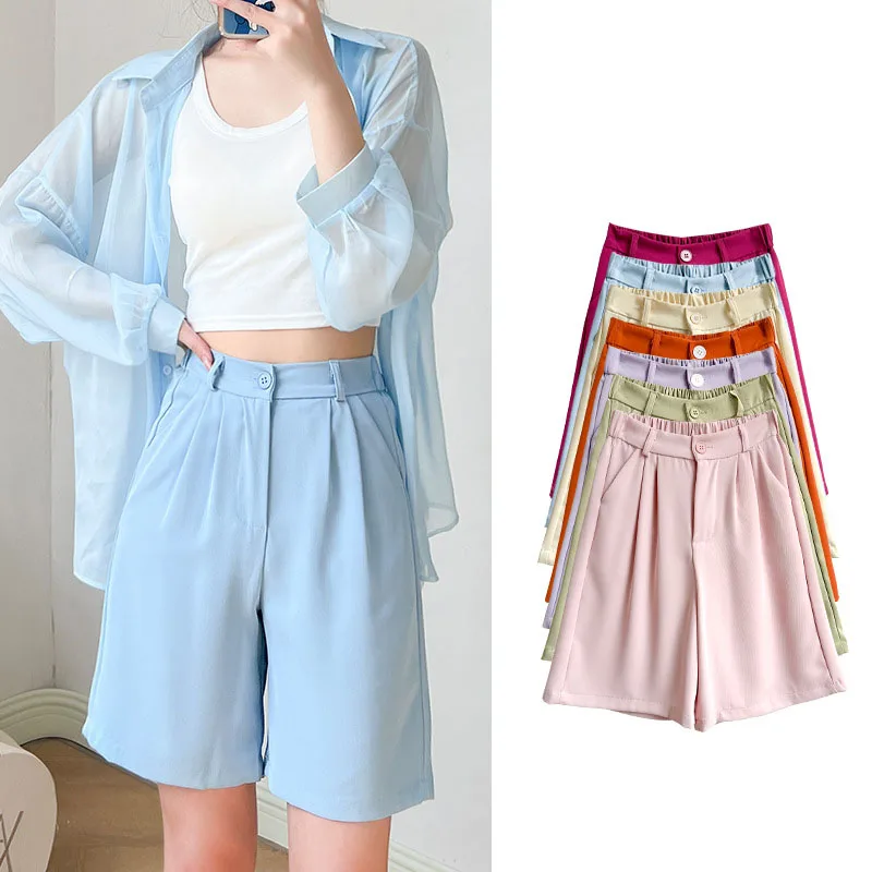 

2023 Summer Black Suit Shorts Woman Elastic High Waist Wide Leg Shorts Women Casual Half Trousers Loose Knee Length Pants Femme