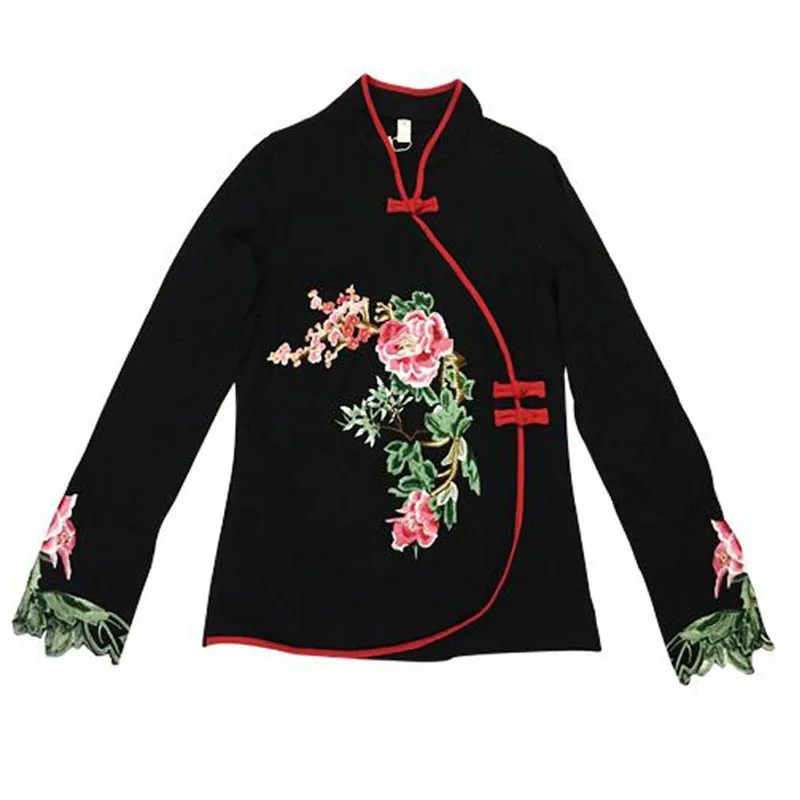 Cheongsam Womens Plus Size Short Tops Autumn Cotton Blend Splicing Embroidery Stand Collar Chinese Style Qipao Shirts Woman