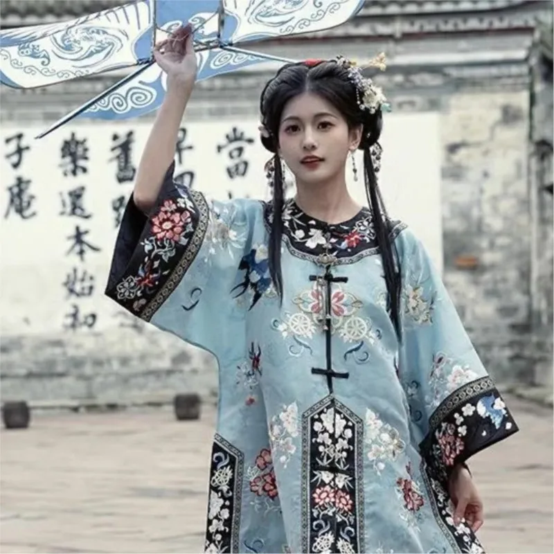 Chinese Style Hanfu Women's Cardigan round Neck Placket Gown Qing Dynasty Clothing Ancient Clothes Daily Full Set