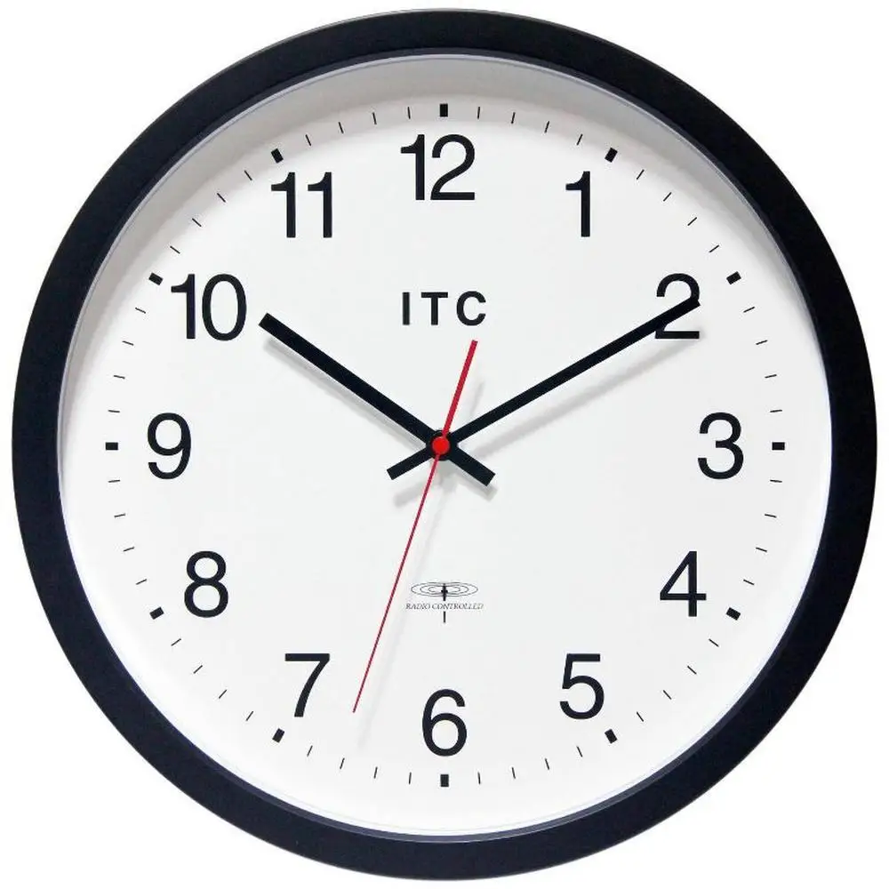 

14" Round Radio Controlled Wall Clock Shatter-Resistant Cover White Dial Black Metal Hands AA Battery Operated Indoor Use