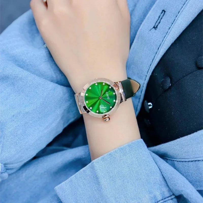 Orologio da polso al quarzo da donna alla moda GUOU con cinturino in vera pelle, diamanti, strass, calendario, lente d'ingrandimento, orologio da donna_voghion.com