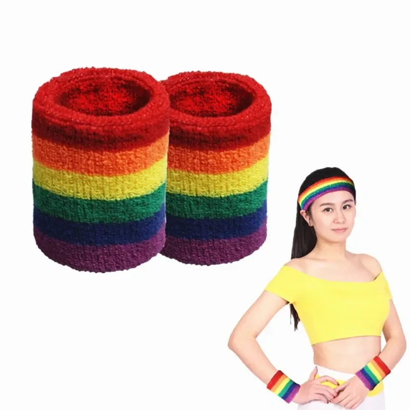 1pc Rainbow Wrist bands Sport Sweatband Hand Band Sweat Wrist Support Brace Wraps Guards Stretch Headband Hair Band Sweatband