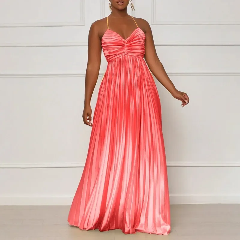 

Sexy Women Color Block Spaghetti Strap Backless Evening Cocktail Party Dress Floor-Length Pleated Chic Gown Big Size Summer New