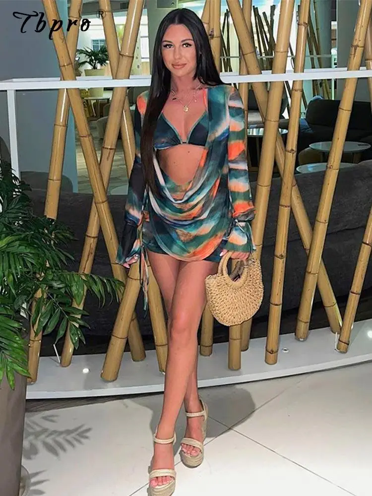

Women's Striped Printed Swinging Collar Skirt Set Female Lace Up Long Sleeve Backless Top Mini Skirt Suit Lady Party Clubwear
