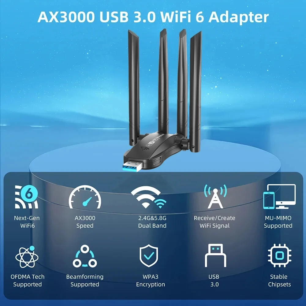 AX3000 USB3.0 WiFi 어댑터 듀얼 밴드 2.4G/5G 802.11AX WiFi 6 네트워크 카드 무선 와이파이 수신기 동글 드라이버 무료 (윈도우10/11 호환)