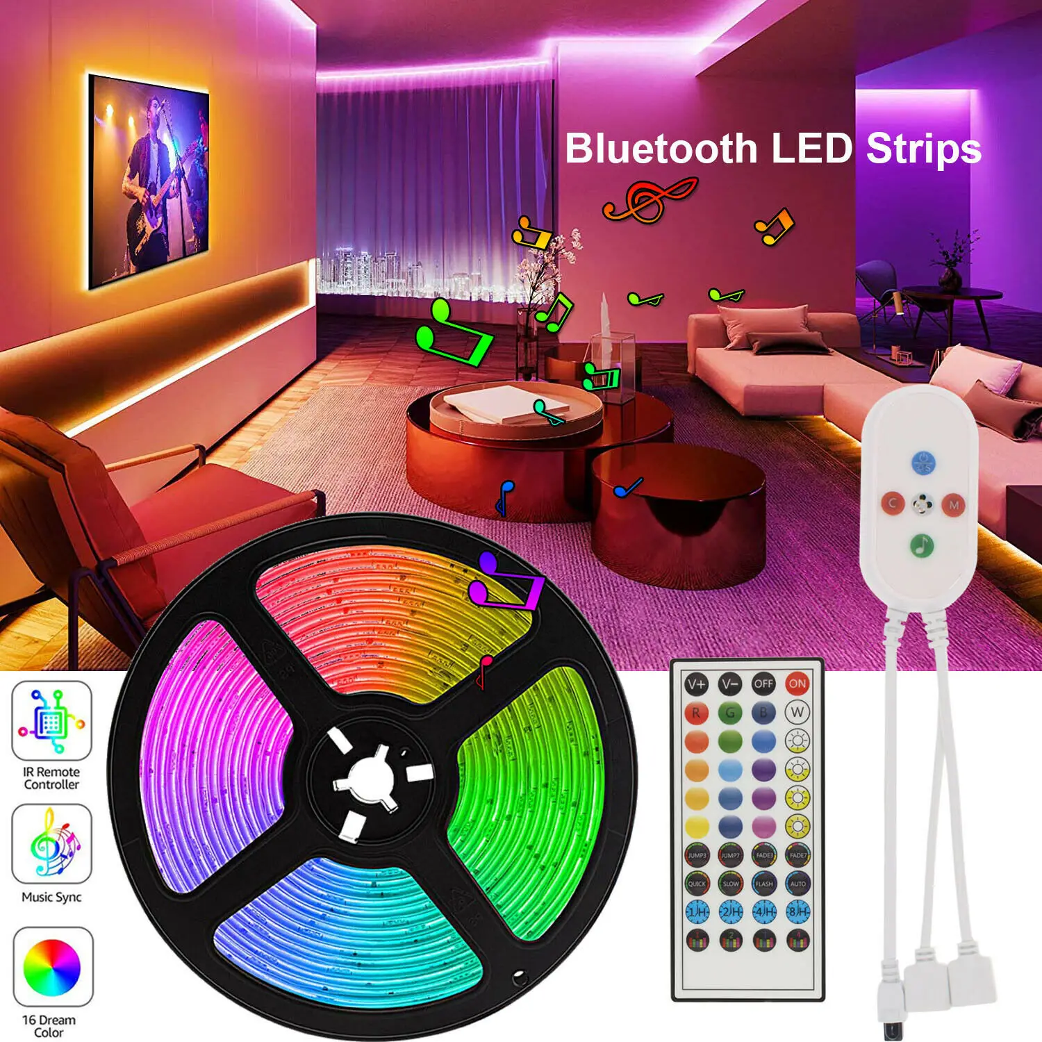 Светодиодная лента 20 м 50 футов 12 В постоянного тока 5050 RGB 5 10 15 с телефоном Bluetooth APP