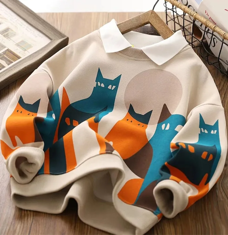 Boys Cartoon Hoodies New Big Children Collar Sports Top Kids Long Sleeved Sweatshirts Spring Autumn 6 8 10 12 14 Year