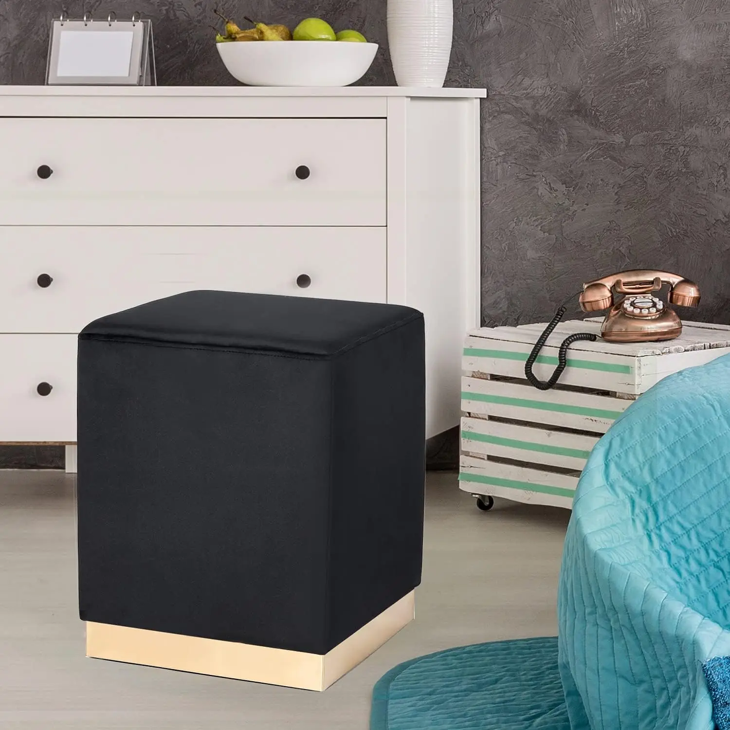 14.6" Width Square Black Ottoman Foot Stool with Gold Trim – Soft Compact Padded Stool– Great
