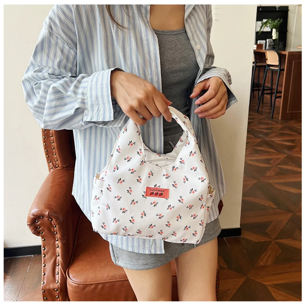 Small Floral Print Handbag For Women Commuting Handheld Bento Bag Large Capacity Student Lunch Bag Casual Shopping Wrist Bag