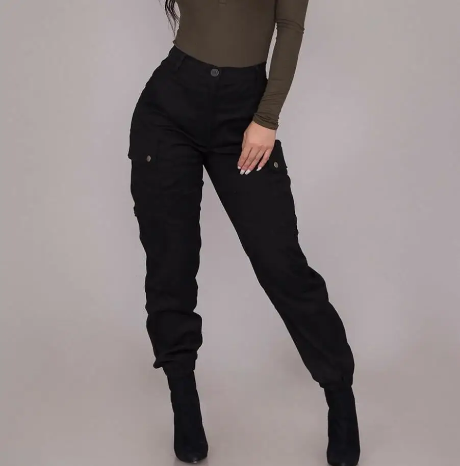

Women Fashion Cargo Pants Casual High Waist Black Pants Button Pockets Gothic Style Trousers Solid Color Long Trouser Plus Size