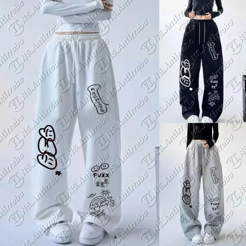 Korean Kawaii High Waist Letter Print Pants for Women Kids Vintage Drawstring Casual Long Trousers Cute All-match Fashion
