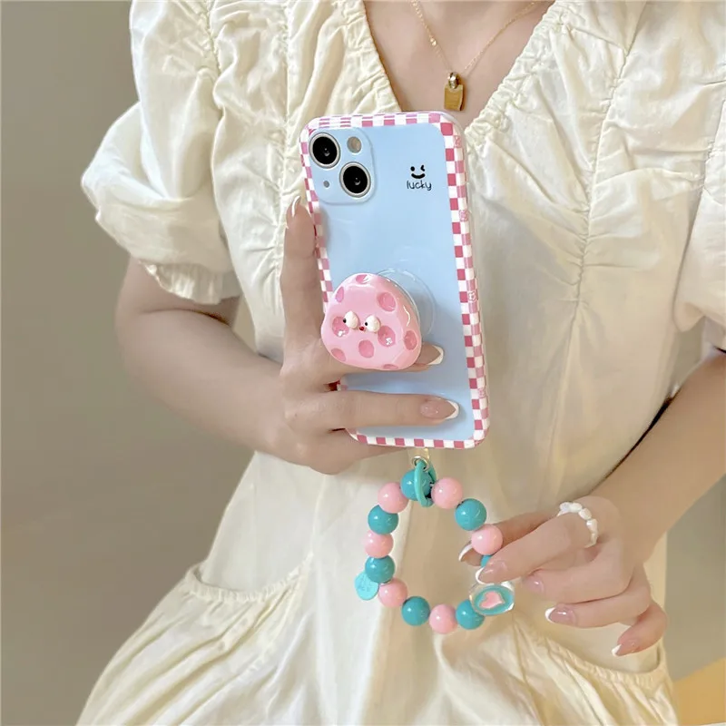 

Lovely Soft Cartoon Cute Pink Cheese Bracket Mobile Phone Case with Holder for iPhone13 12 11ProMax X XR XS Max with Wrist Chain