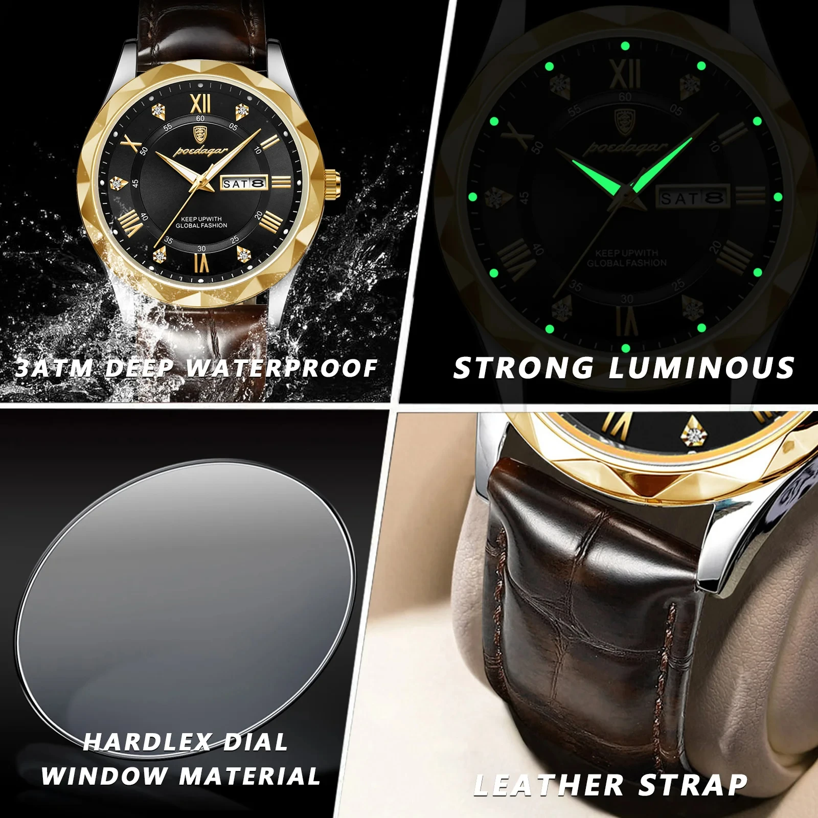 POEDAGAR Man Wristwatch Luxury Business Waterproof Luminous Date Week Men Watch For Men Quartz Clock Leather Men's Watches reloj