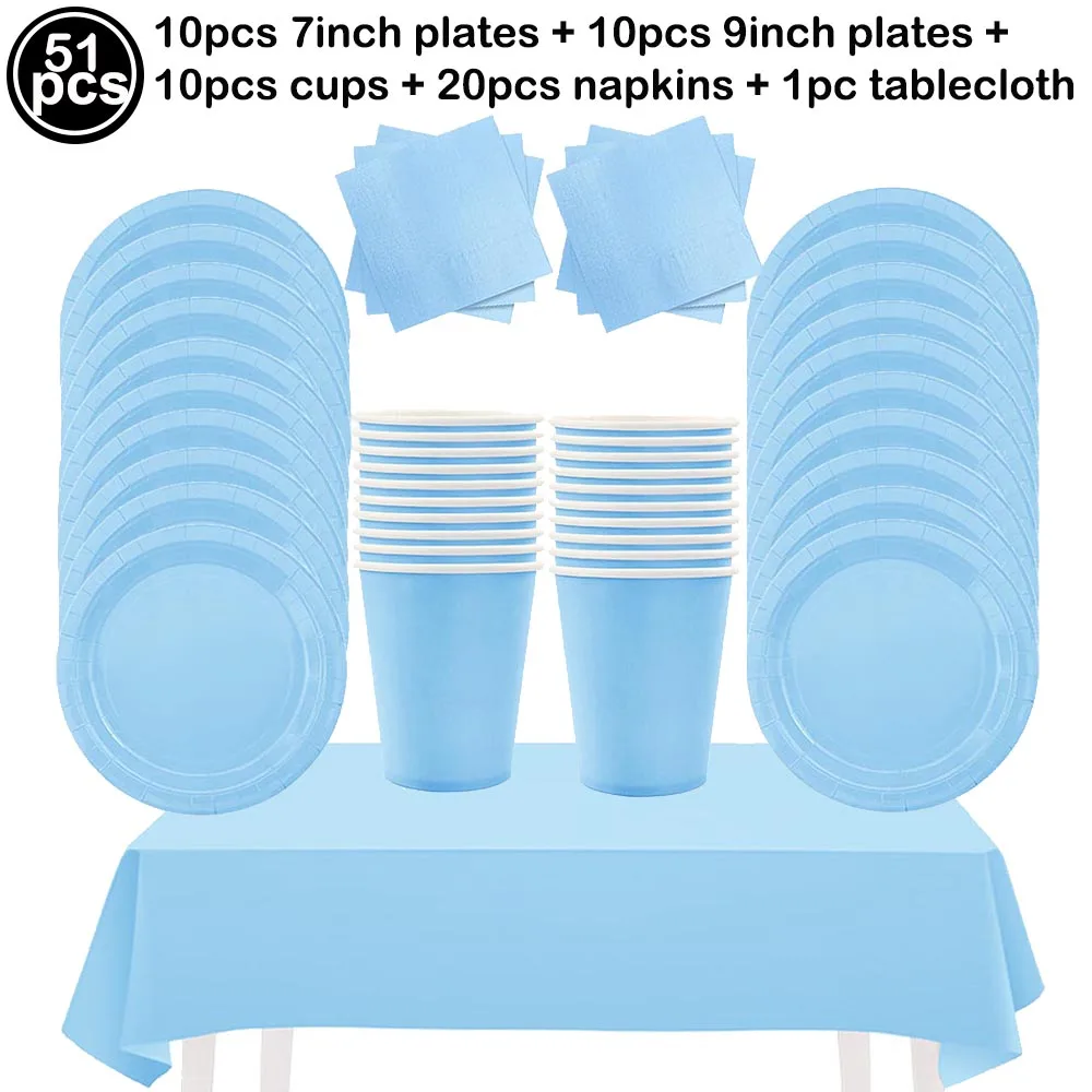 Light Blue Party Supplies Set: Disposable Plates, Cups, Tablecloth, Balloons & Foil Curtain for Baby Shower or Boy's Birthday Decor