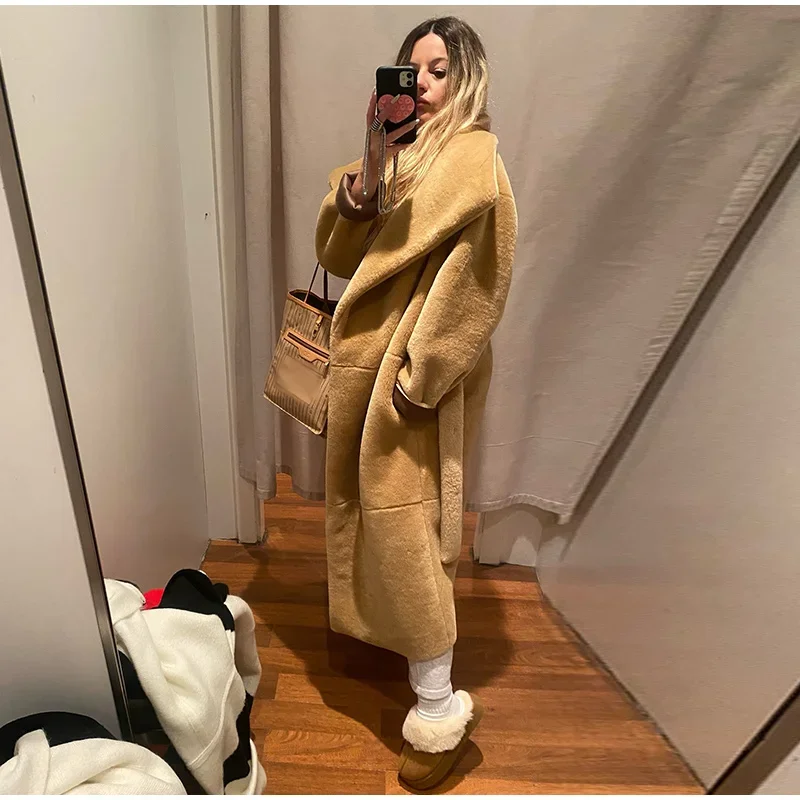 Abrigos largos elegantes de piel sintética con cinturón, solapa grande, manga larga y bolsillo, abrigos de felpa para mujer, ropa de calle de invierno 2025