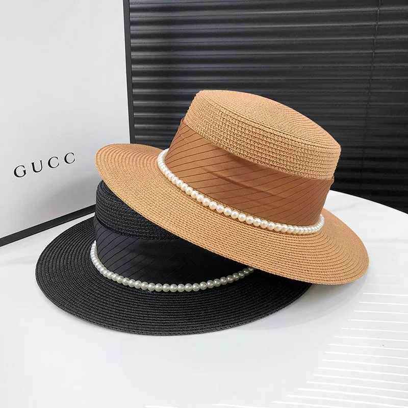 

2023 Summer Women's Simple Straw Knitted Bow Shade Hat Beach Vacation Versatile Fashion Pearl Straw Knitted Gift Hat