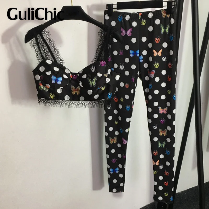 

9.4 GuliChic Women Fashion Ladybird Butterfly Polka Dot Print Lace Strap Short Tank Top Or Elastic Skinny Legging 2 Piece Set